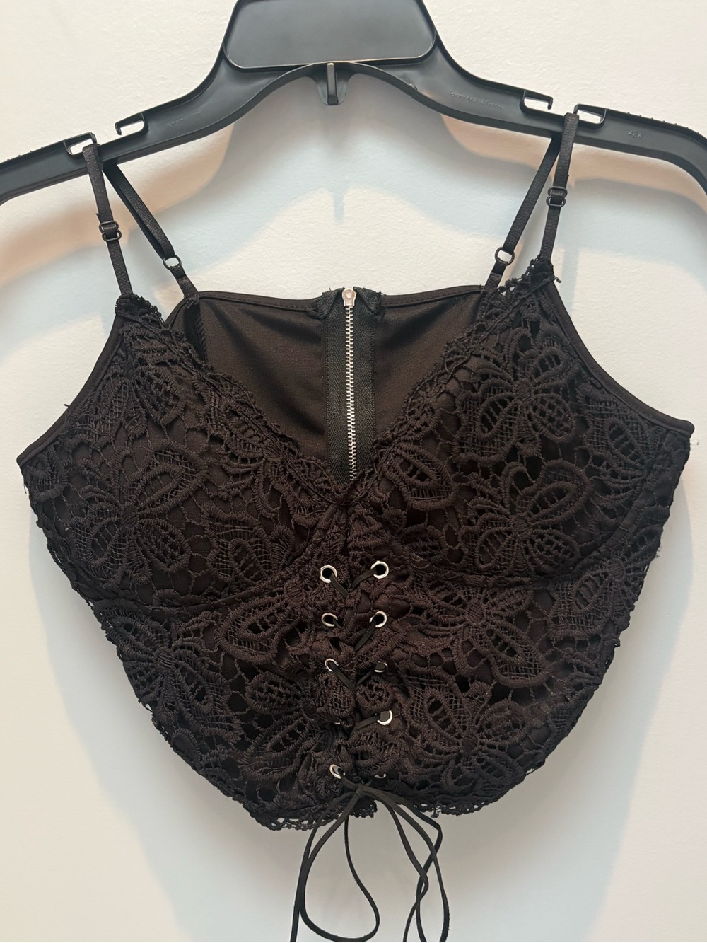 Romwe Black Floral Lace Corset Bralette Crop Top Lace Up Zip Back Women’s Large